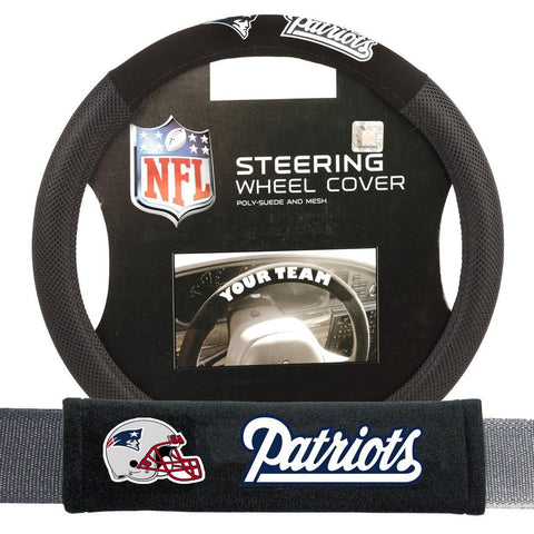 New England Patriots NFL Steering Wheel Cover and Seatbelt Pad Auto Deluxe Kit