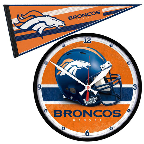 Denver Broncos NFL Round Wall Clock and Pennant Gift Set