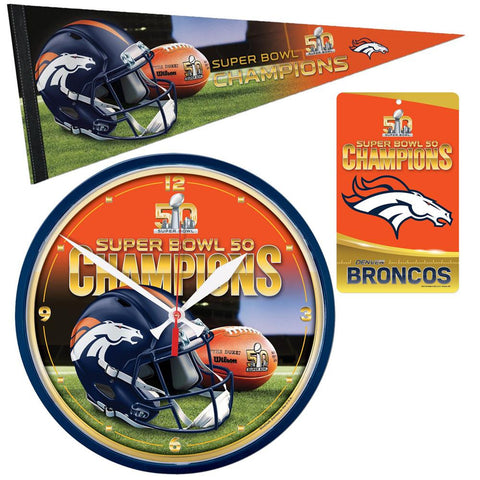 Denver Broncos NFL Super Bowl 50 Clock, Pennant and Wall Sign Gift Set