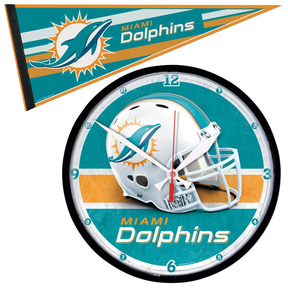 Miami Dolphins NFL Round Wall Clock and Pennant Gift Set