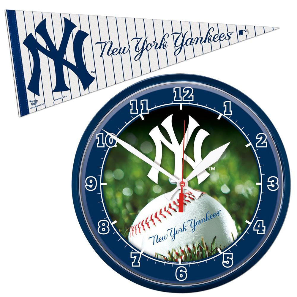 New York Yankees MLB Round Wall Clock and Pennant Gift Set